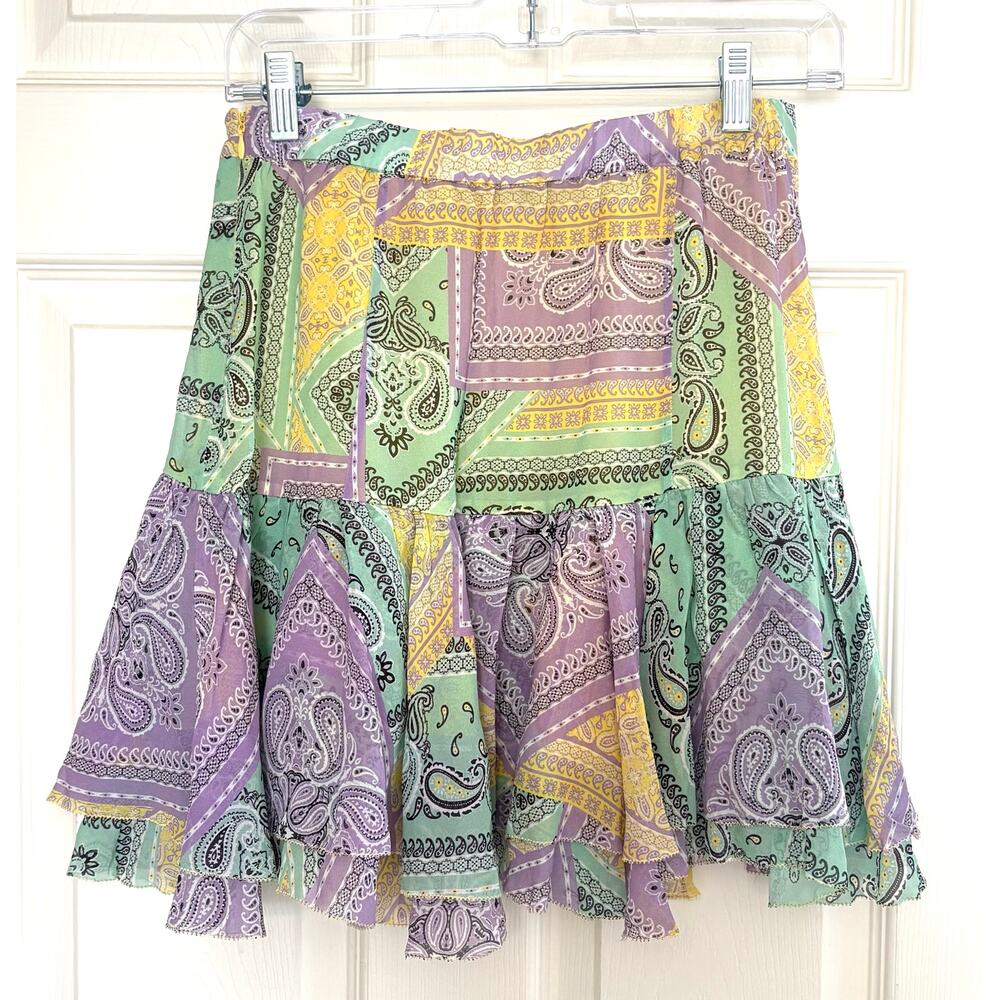 Le Superbe Skirt Silk Patchwork Paisley Mini Women’s Size 4 Tiered Boho Flounce